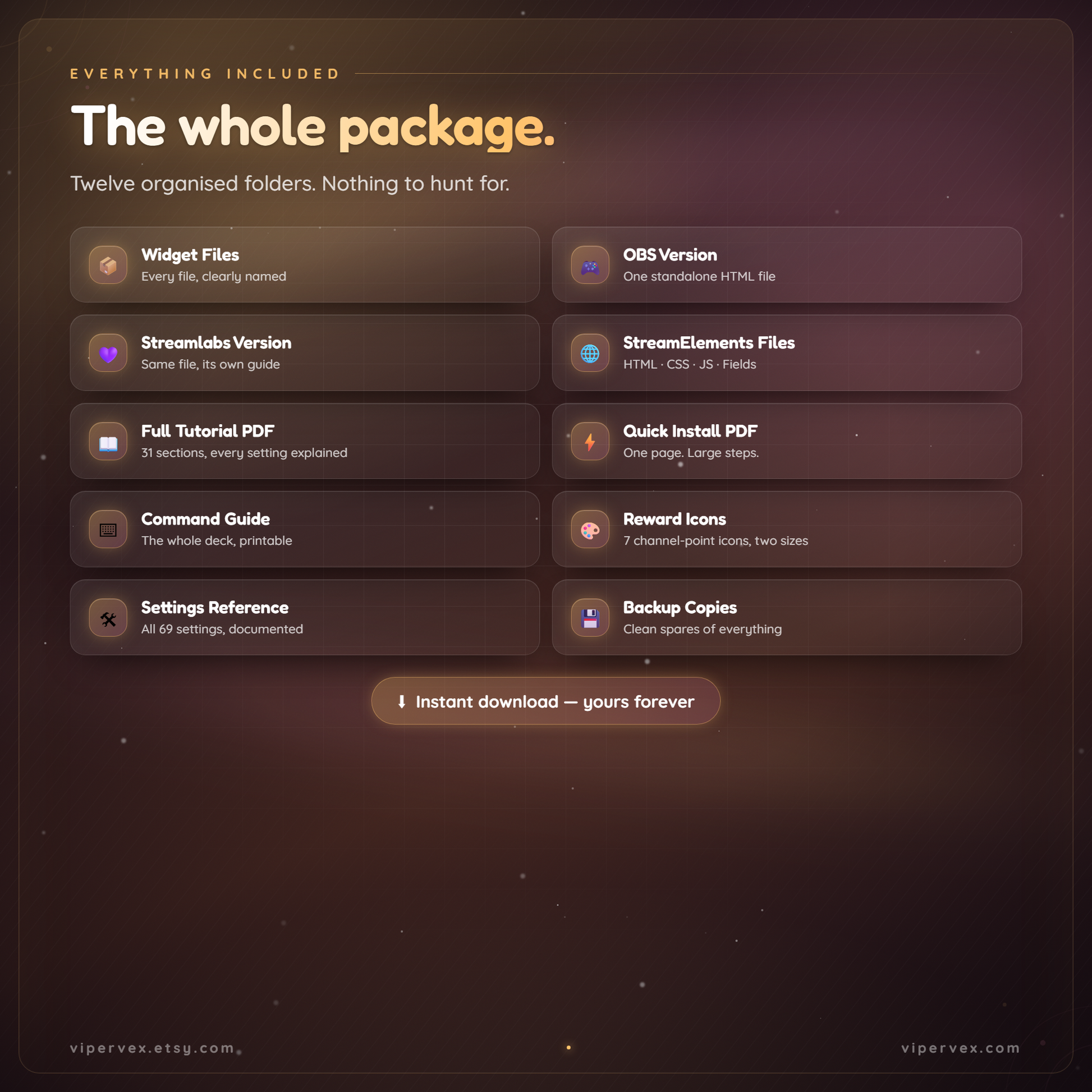 Everything included: OBS and StreamElements versions, tutorial PDFs and channel-point reward icons