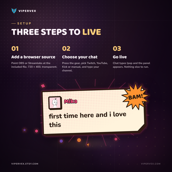 Three step setup: add a browser source, pick the local file, then set your platform and channel name