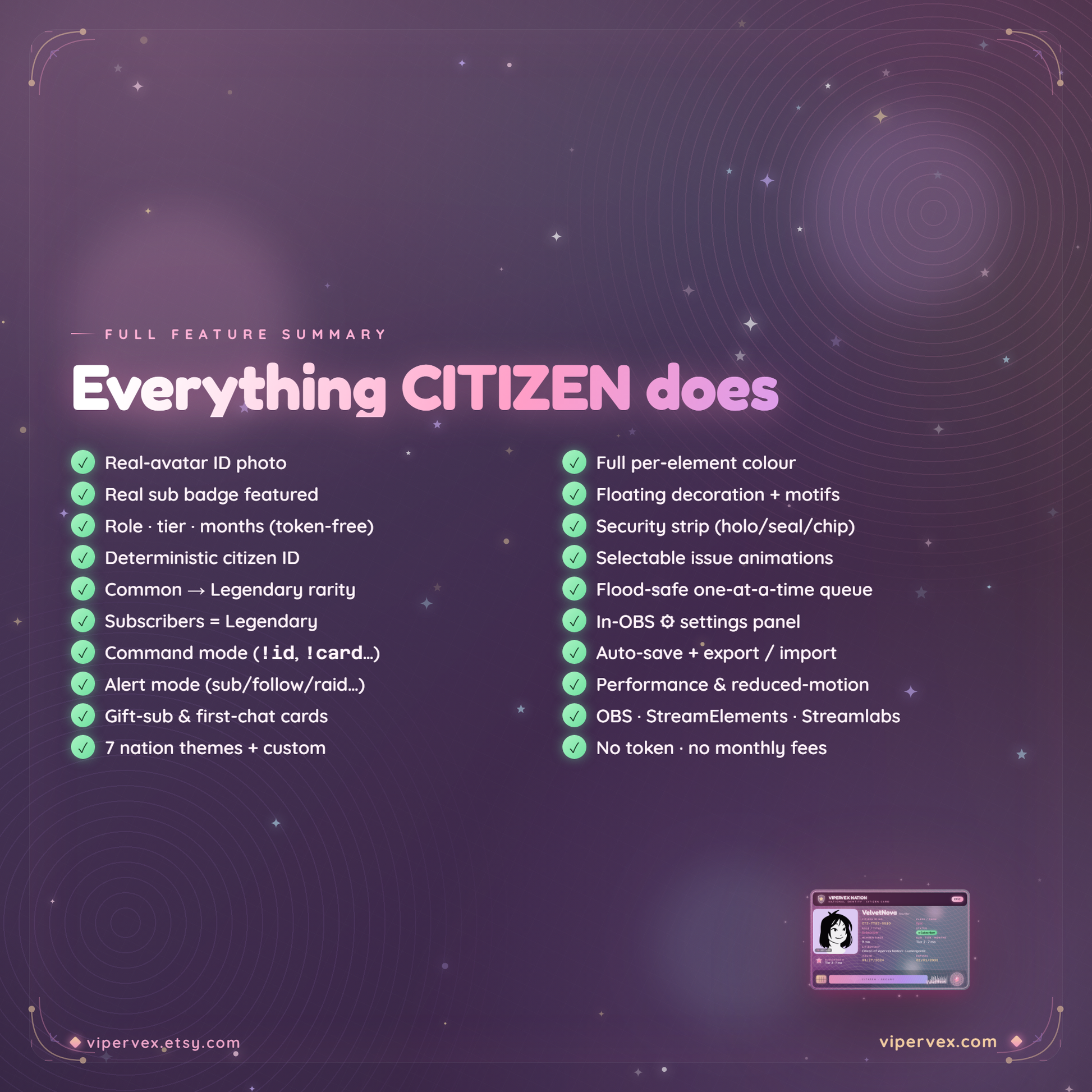 Full feature summary of the collectible ID card widget