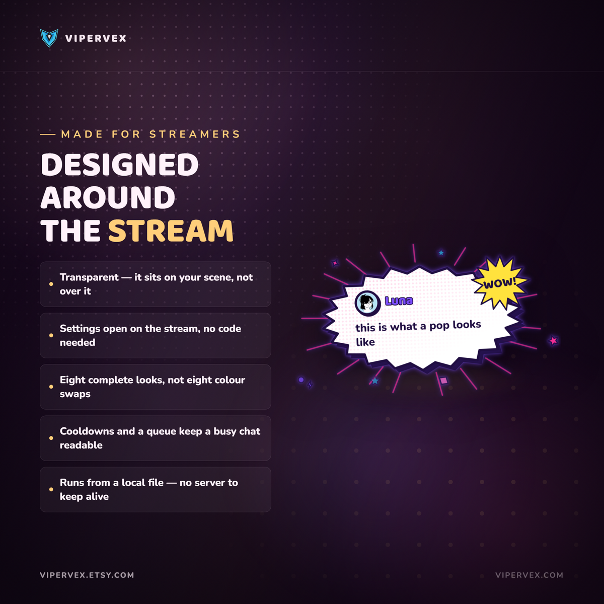 Designed for Twitch, YouTube and Kick streamers and VTubers who want chat to feel like part of the show