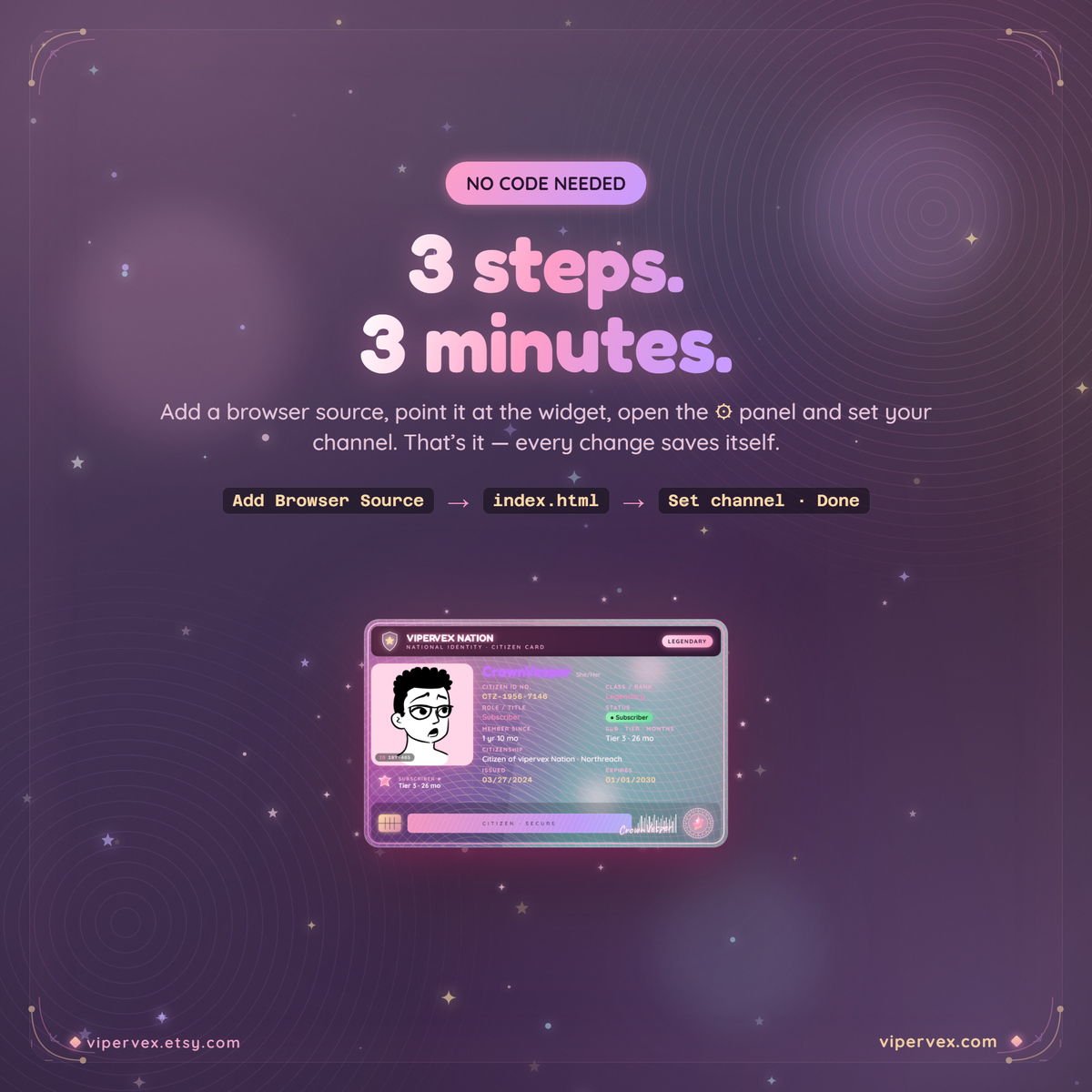 Simple setup: add the browser source, open the gear, enter your channel
