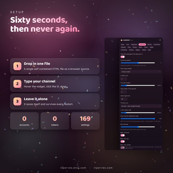 Installation overview for OBS, Streamlabs and StreamElements, showing the one-minute setup for each platform