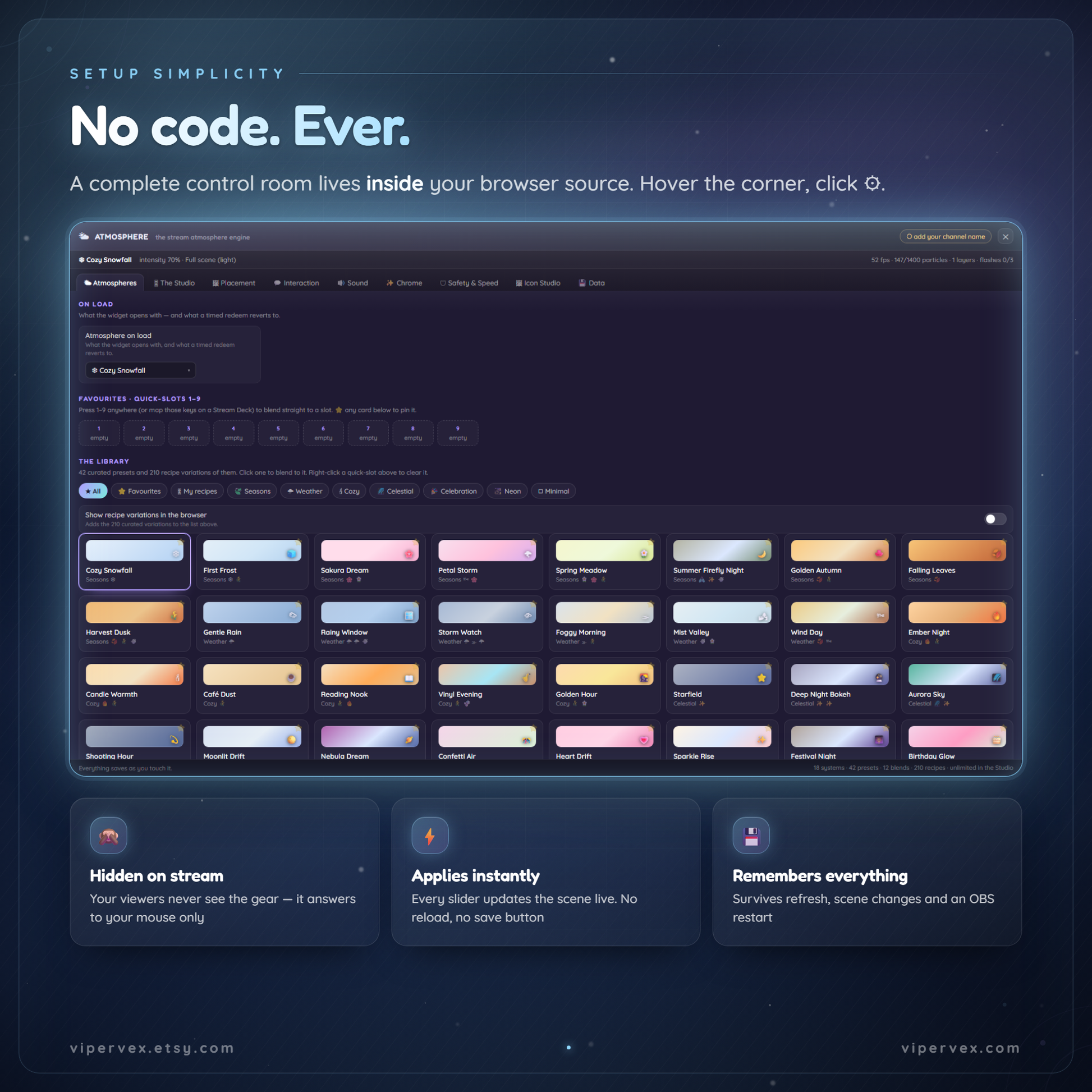 In-OBS panel showing the atmosphere browser with 42 curated weather presets, no coding required