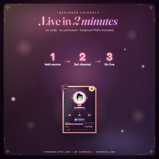 Three step setup: add a browser source, choose the local file, enter your Twitch channel