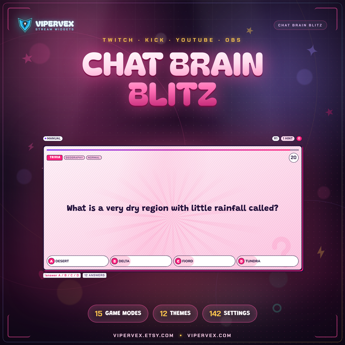 Chat quiz game widget on a stream showing a live challenge card and the answer command
