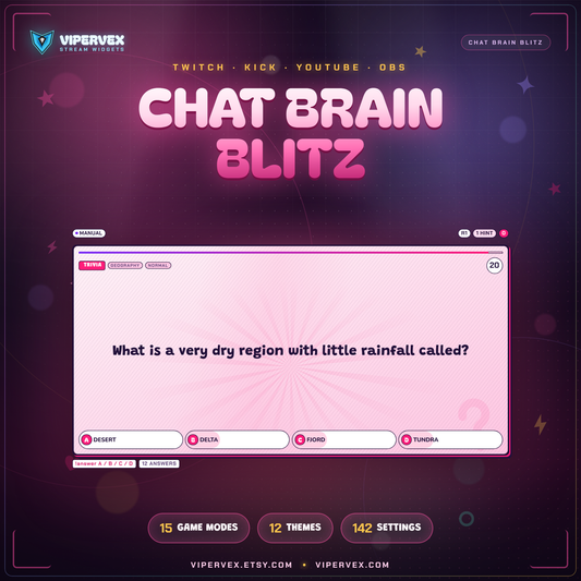 Chat quiz game widget on a stream showing a live challenge card and the answer command