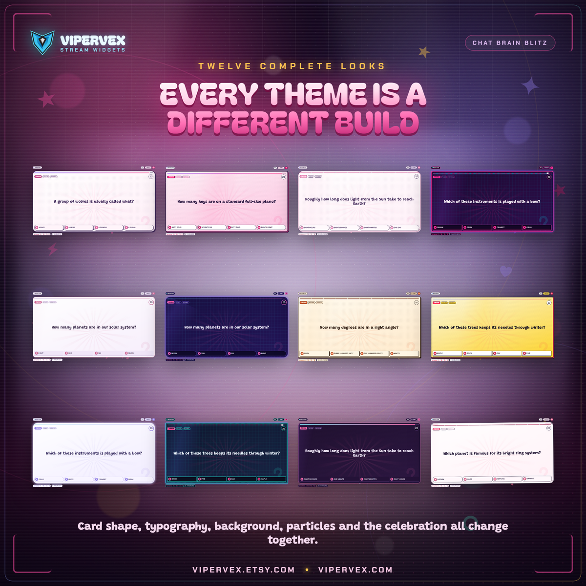Twelve themes for the quiz widget shown in light and dark