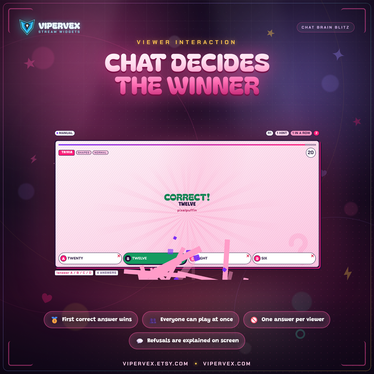 Viewers answering a quiz round by typing the answer command in Twitch chat