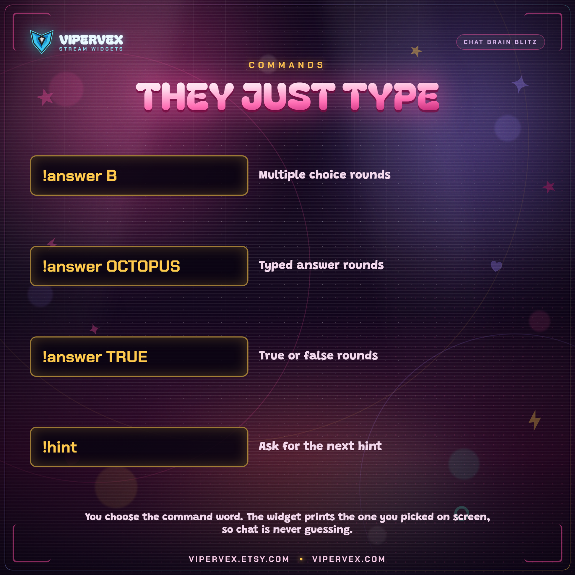 Chat commands for answering rounds and controlling the quiz game