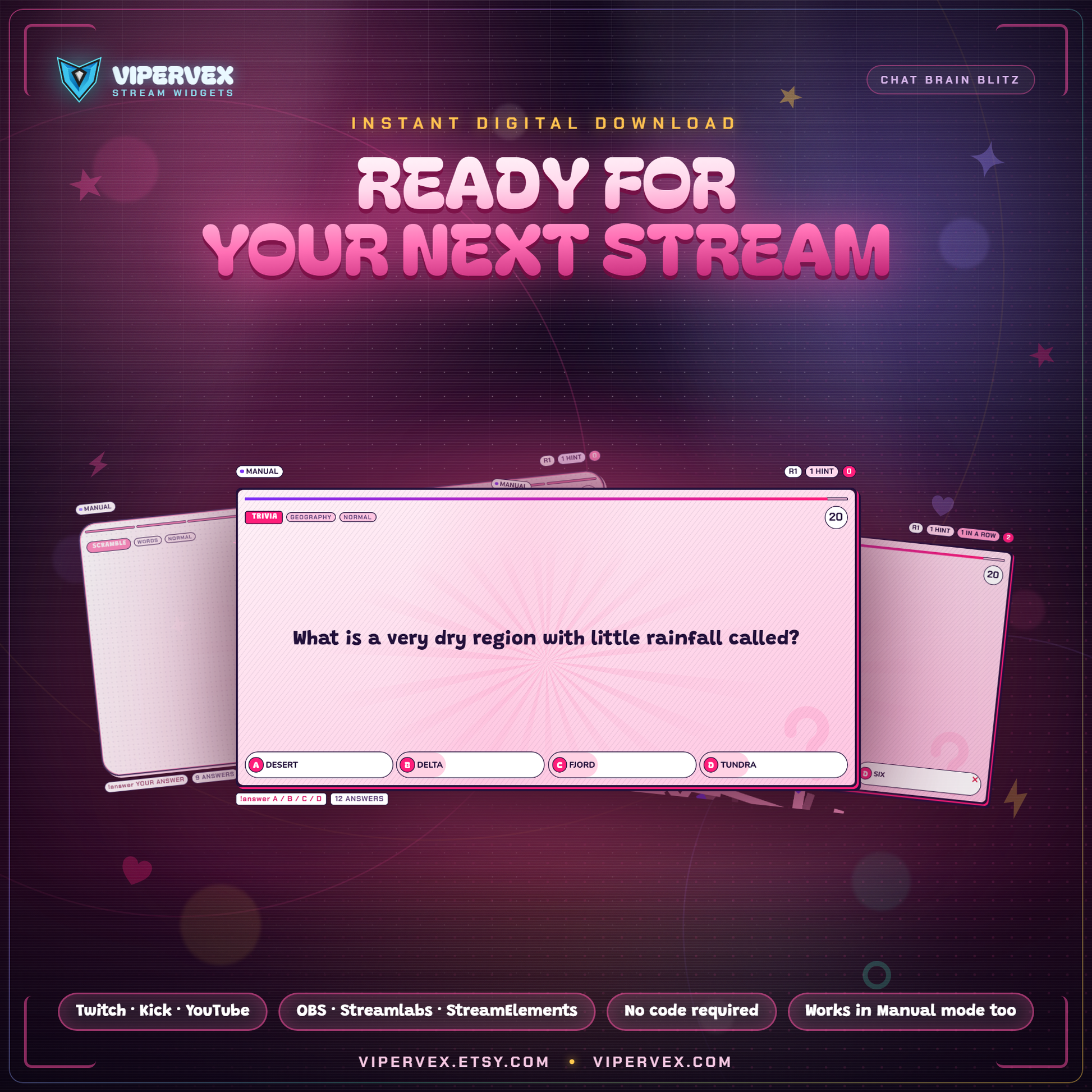 ViperVex branding card for the chat quiz game stream widget