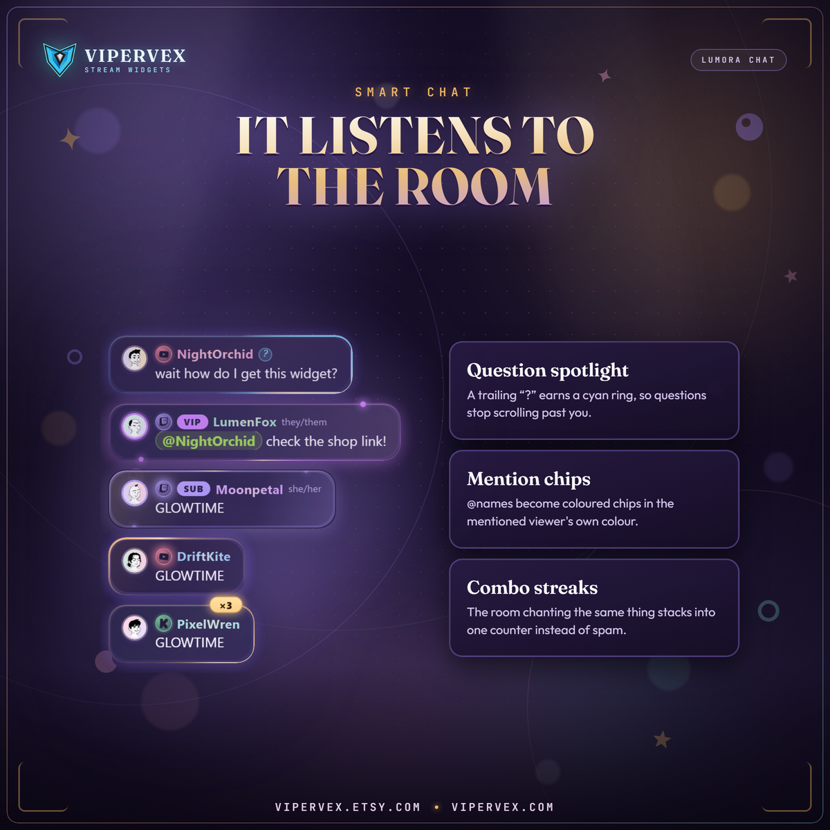 Smart chat features: question spotlight, mention chips and hype combo counter