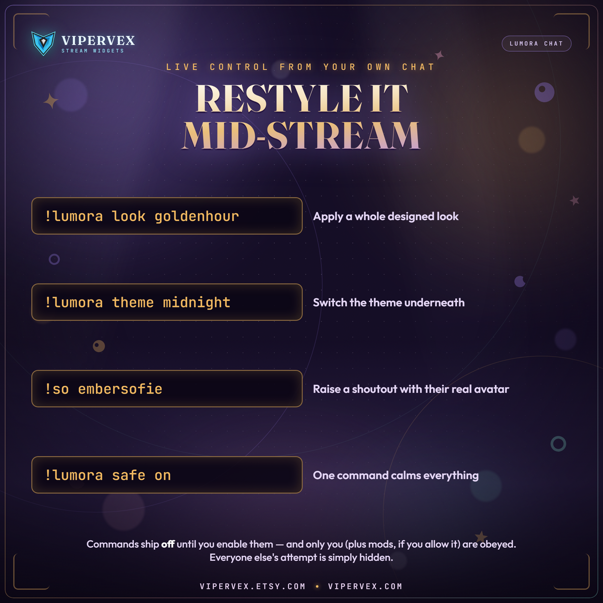 Chat commands and shoutout support inside the chat overlay