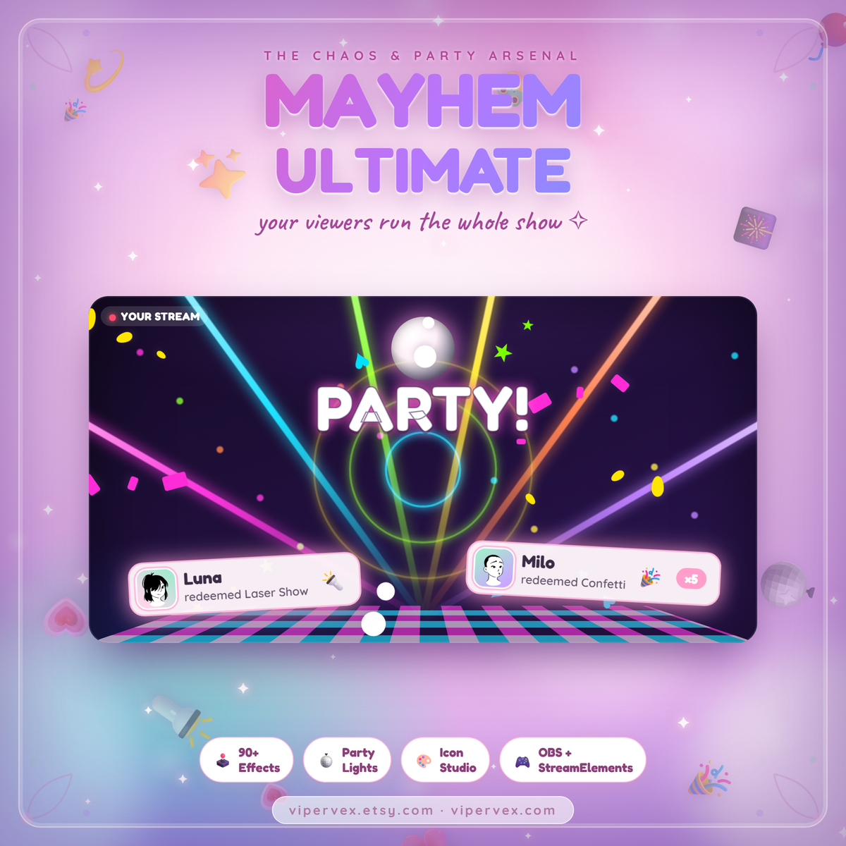 Channel points effects widget firing a laser party show over a Twitch stream