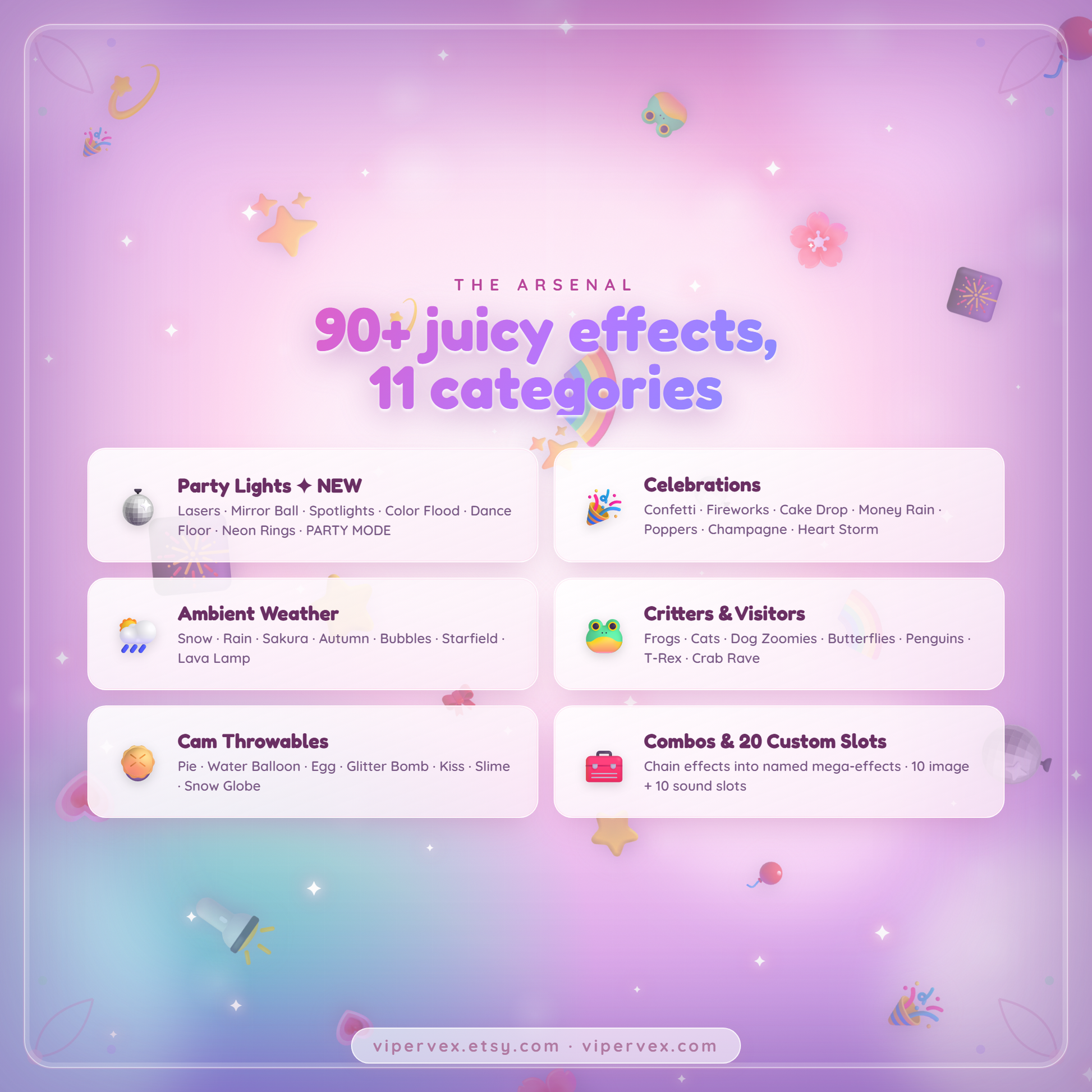 Over ninety stream effects across celebration, weather, chaos and critter categories