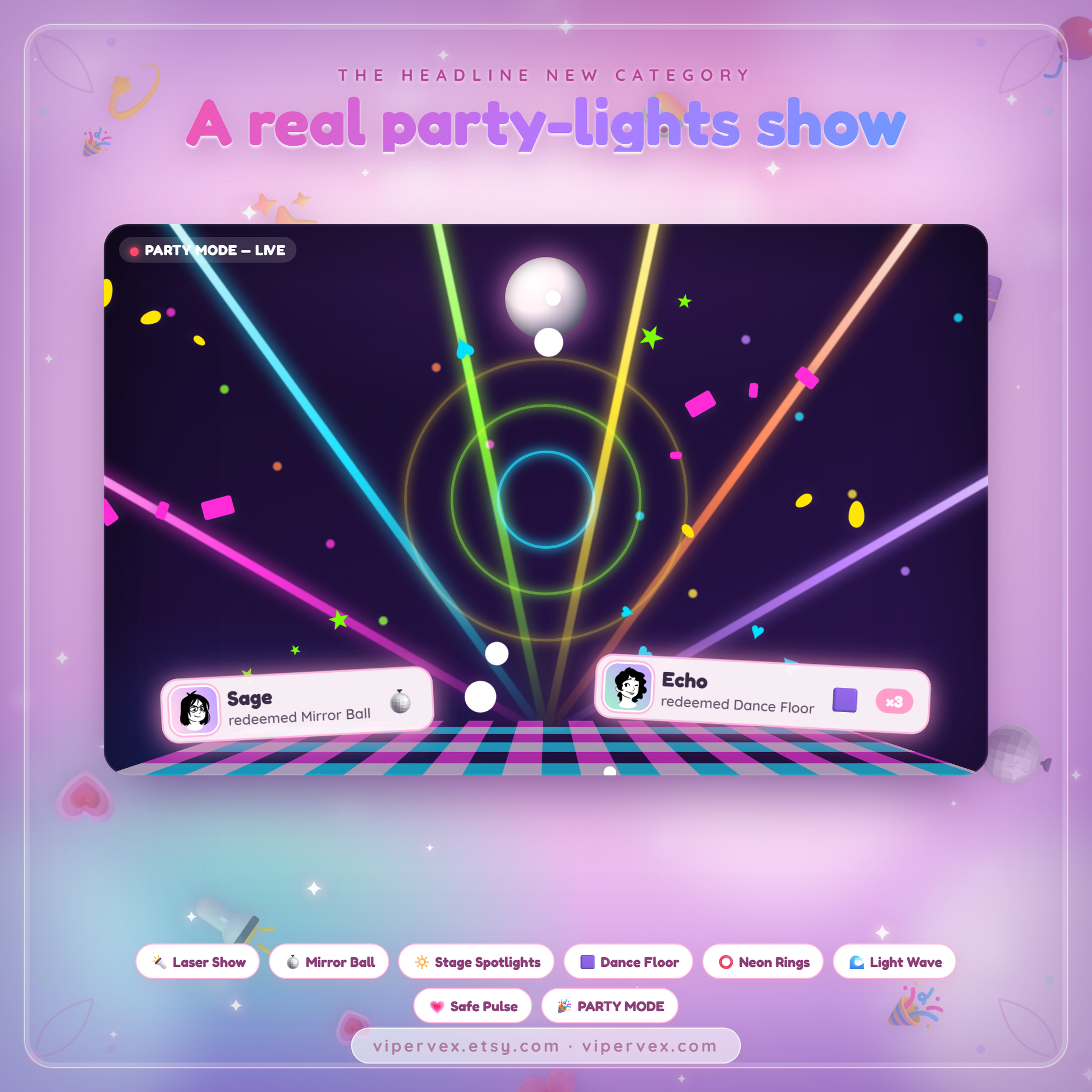 Party lights: laser show, mirror ball, spotlights and the one redeem party mode