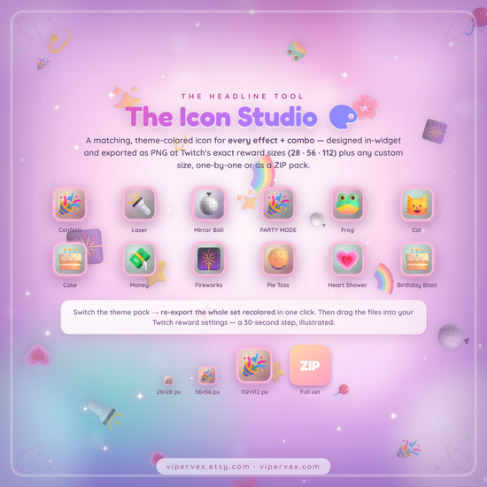 The Icon Studio designing and exporting Twitch reward badges at 28, 56 and 112 pixels