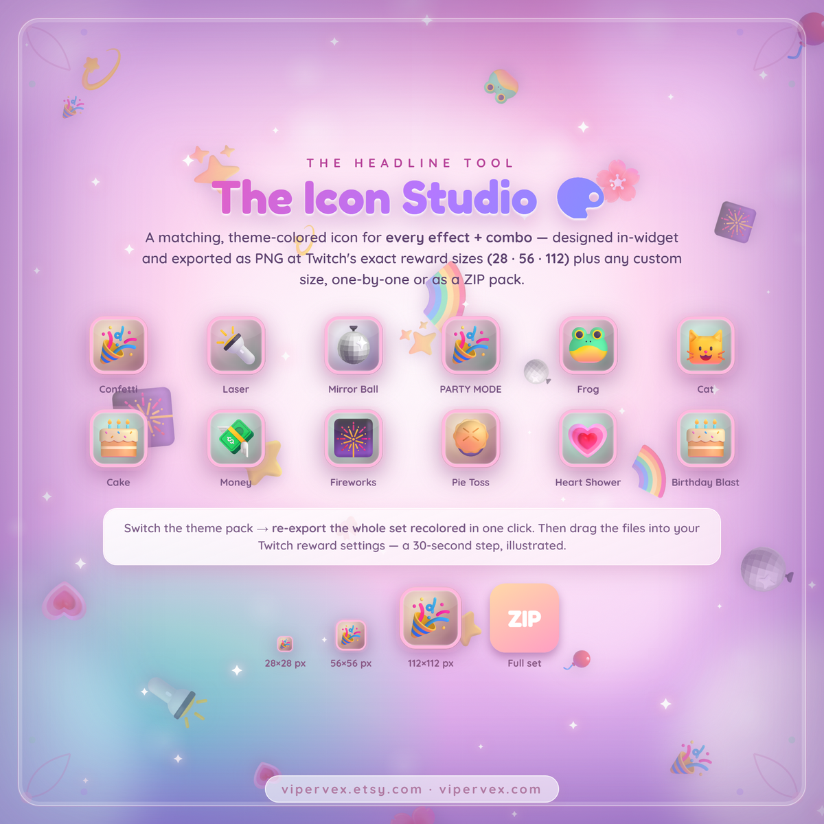 The Icon Studio designing and exporting Twitch reward badges at 28, 56 and 112 pixels
