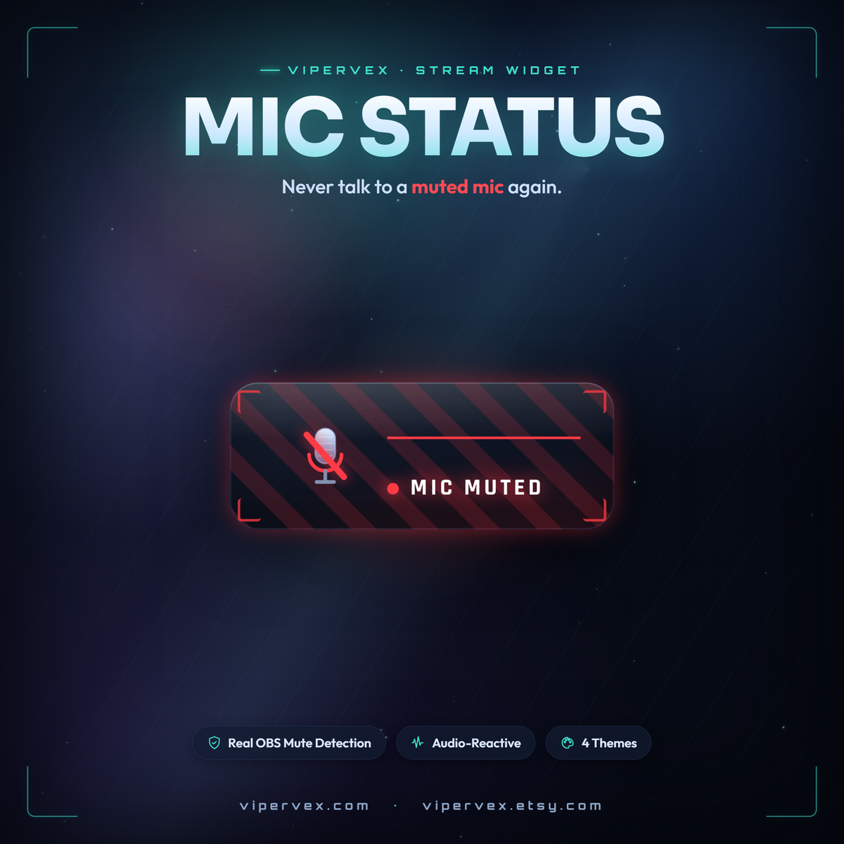 Mic muted widget showing a MIC MUTED alert over an OBS stream scene