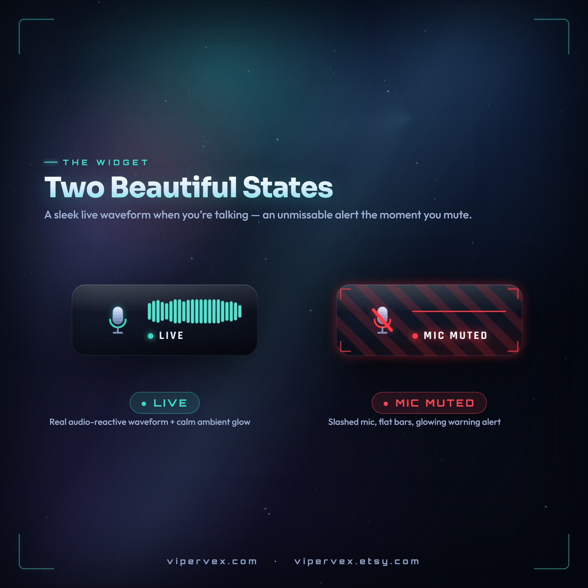 The two states side by side: a calm LIVE badge and a loud MUTED alert
