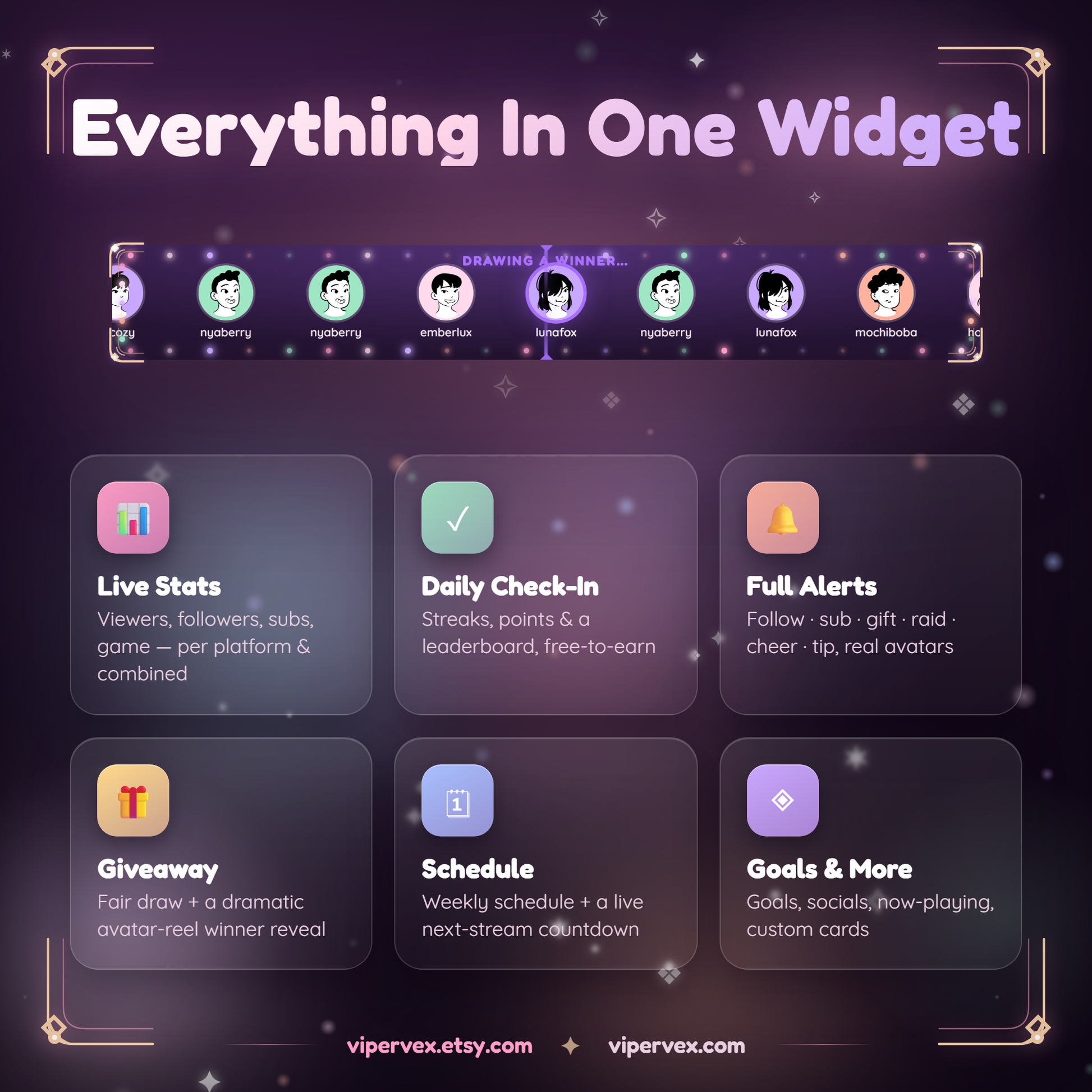 The eleven modules: stats, check in, goal, schedule, socials, events and giveaway