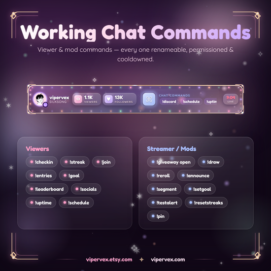 The commands card listing your own chat commands for viewers