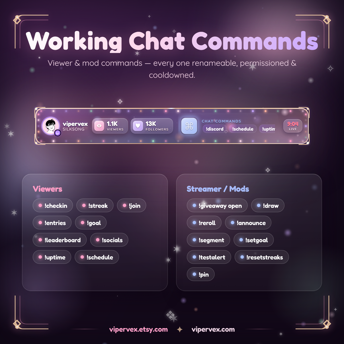 The commands card listing your own chat commands for viewers