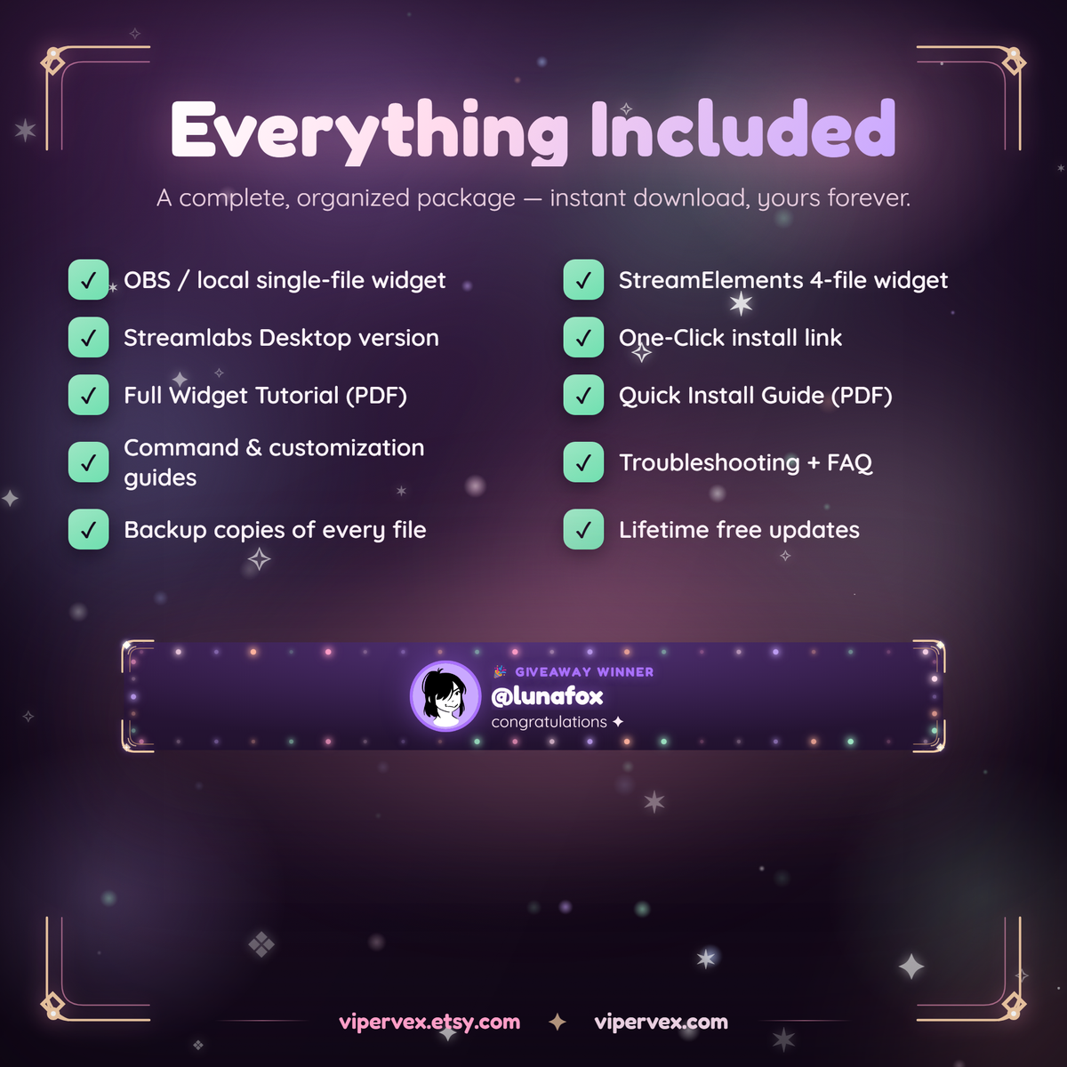 Everything included: widget files, guides, assets, audio and fonts