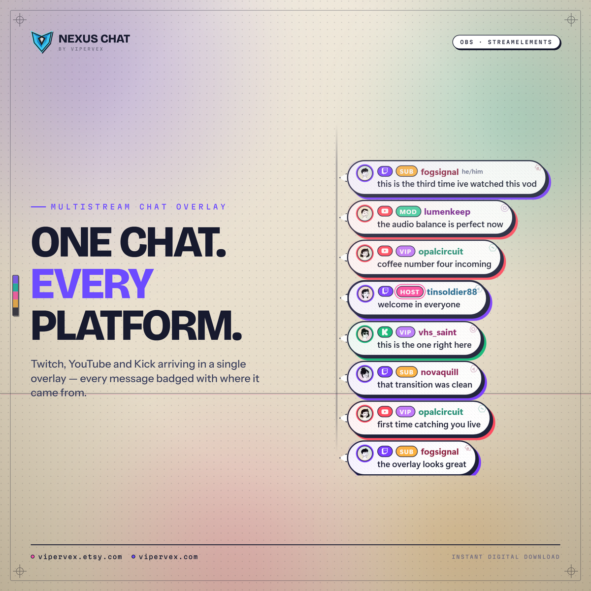 A tall chat overlay on warm paper, eight messages from Twitch, YouTube and Kick stacked with viewer avatars, role chips and platform marks beside the words One chat, every platform.