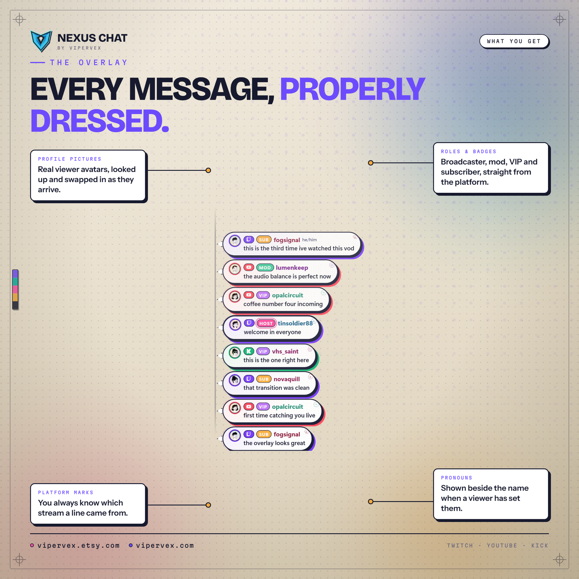 The same overlay in the centre with four labelled notes pointing to it: profile pictures, roles and badges, platform marks, and pronouns shown beside a viewer's name.