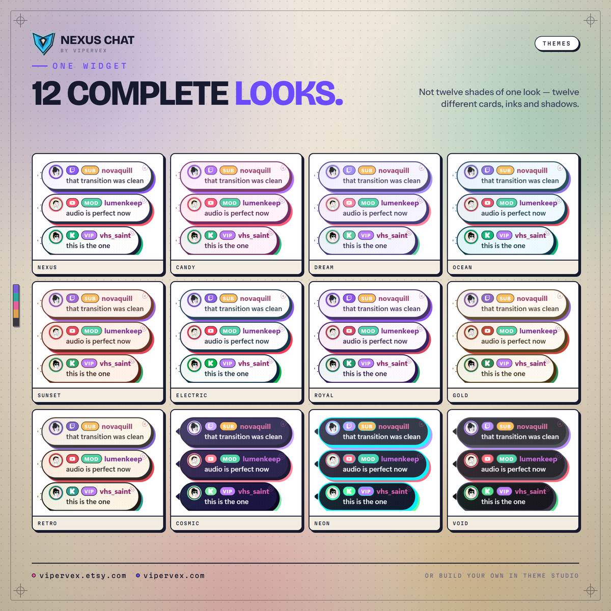 Twelve small chat overlays in a four by three grid, each in a different theme, labelled nexus, candy, dream, ocean, sunset, electric, royal, gold, retro, cosmic, neon and void.