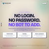 Large type reading no login, no password, no bot to add, above three cards explaining how Twitch and Kick connect with a channel name and YouTube uses your own free Google API key.