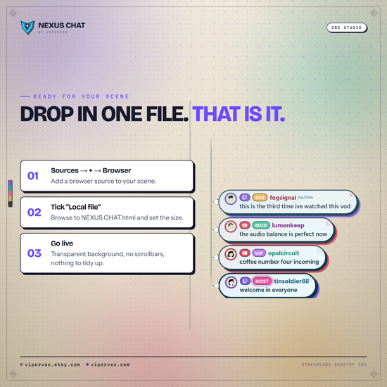 Three numbered OBS steps beside a chat overlay in the ocean theme, showing a browser source being added and pointed at a local file.