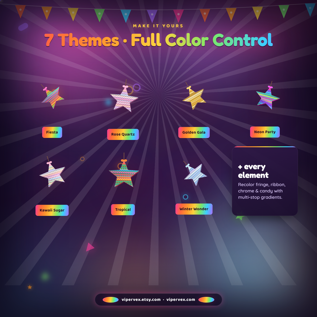 Seven themes with per element colour and candy gradient control