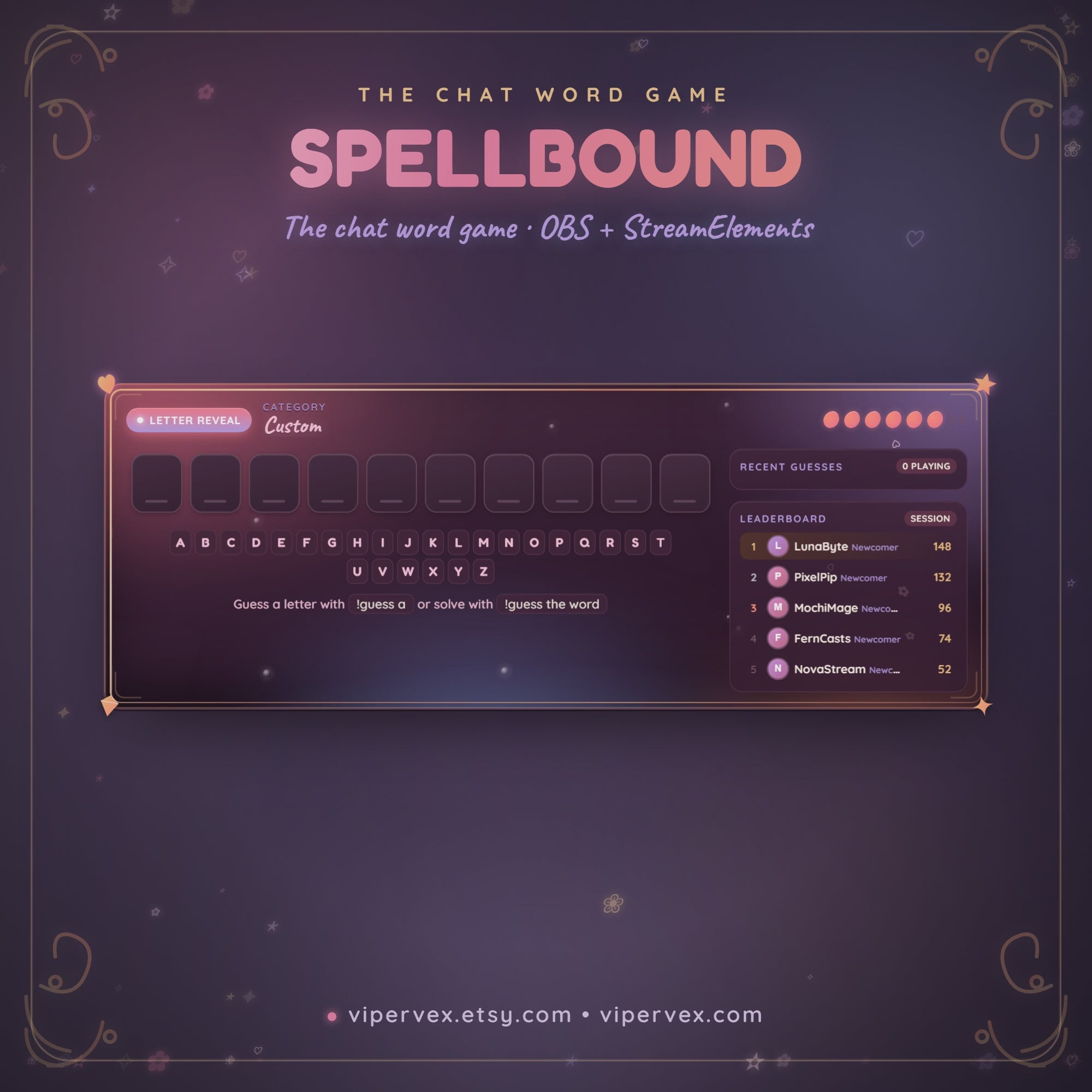 SPELLBOUND demo: chat guesses letters, tiles flip open and the solved word triggers a celebration