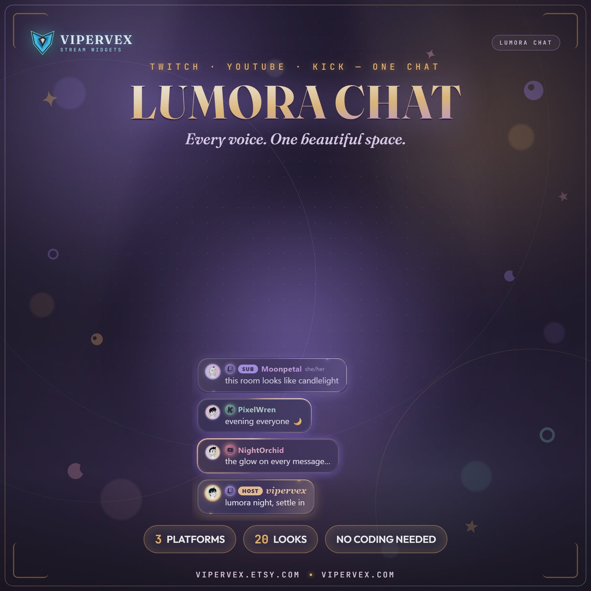 LUMORA CHAT demo: Twitch, YouTube and Kick messages arriving in one animated chat overlay