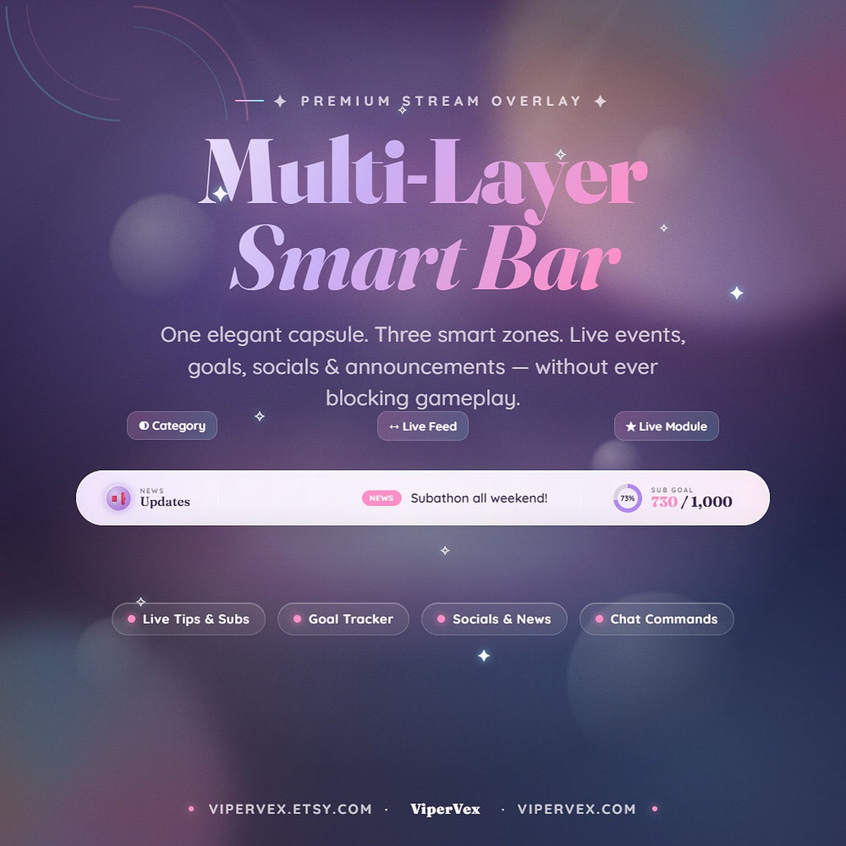 Multi-Layer Smart Bar demo: news scrolls, goal and countdown cards rotate, and a sub alert interrupts