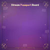 Stream Passport Board demo: the passport opens, pages turn and a new stamp lands with the mascot reacting