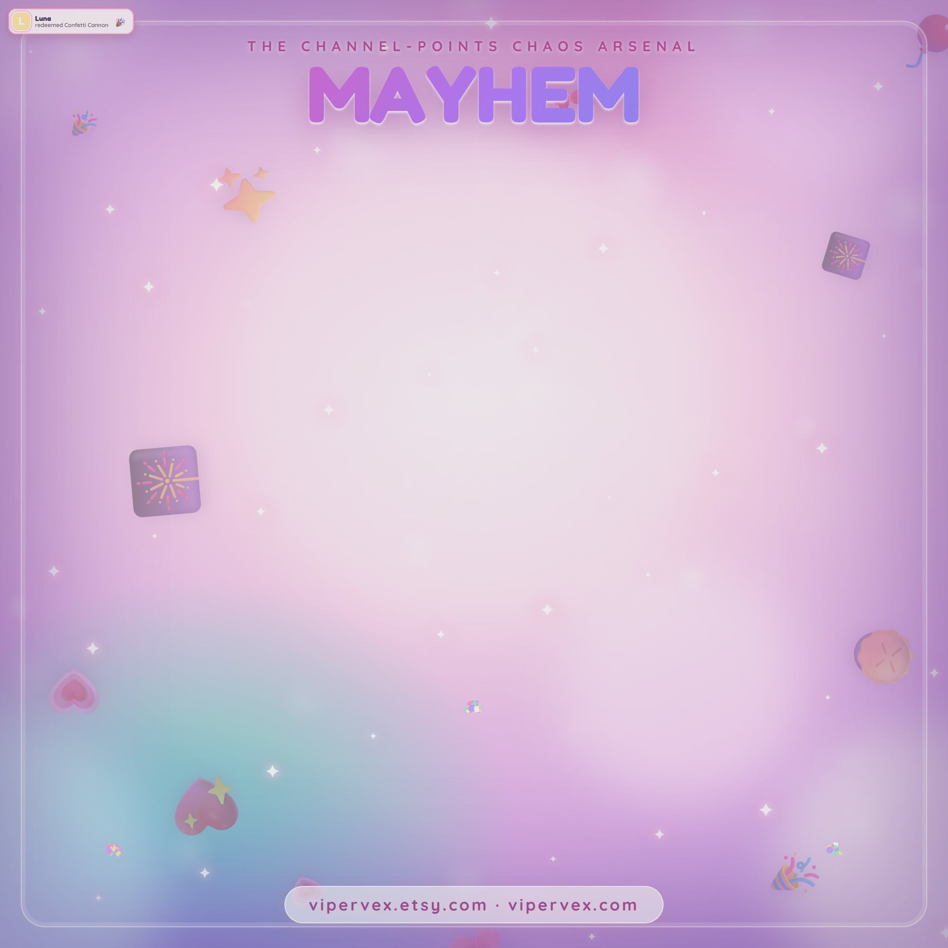 MAYHEM demo: viewers redeem effects and confetti, sparkles and credit chips fill the overlay