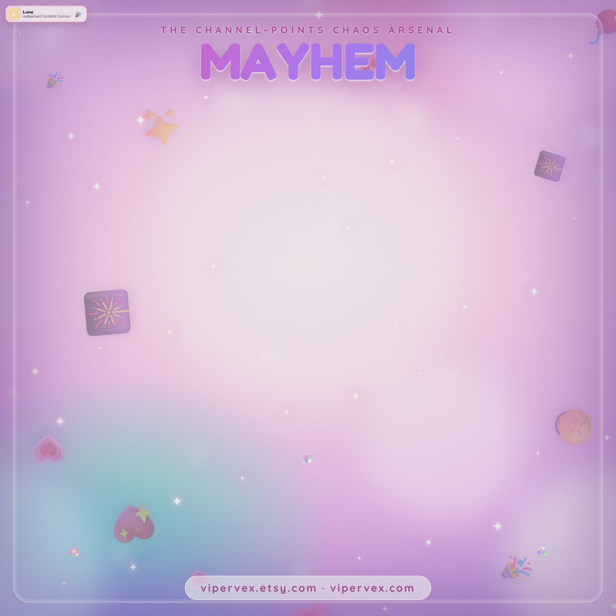 MAYHEM demo: viewers redeem effects and confetti, sparkles and credit chips fill the overlay
