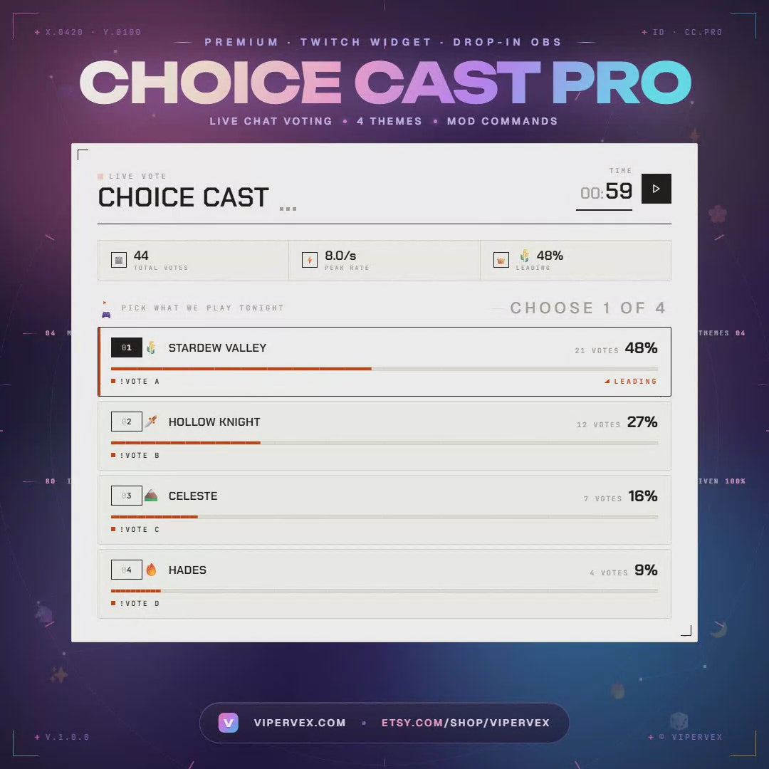 Product video: a poll opens, chat votes by typing, the bars fill and the winning option is celebrated