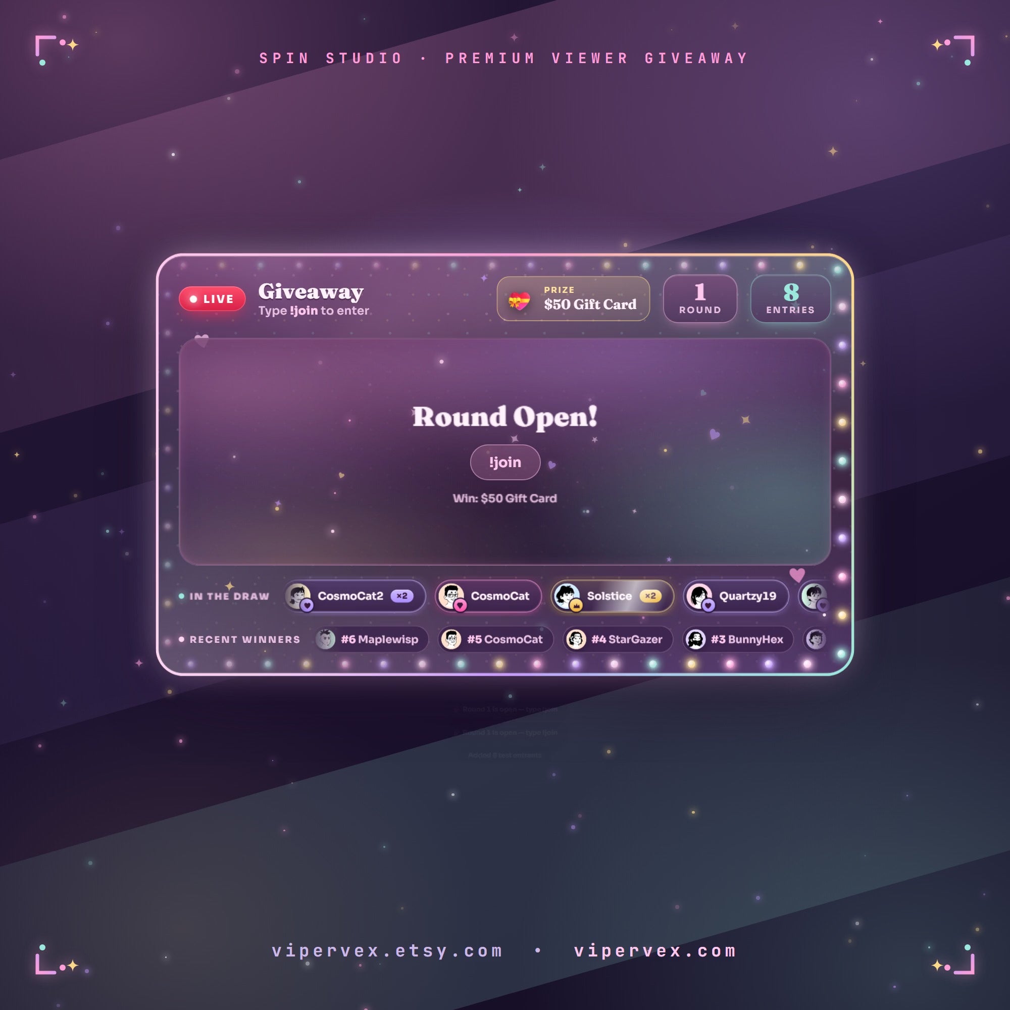 Spin Studio demo: entrants join, the reel spins with a slow-motion build and a winner is crowned