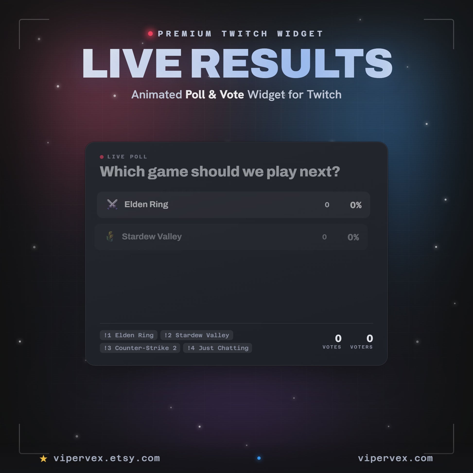 Live Results Poll widget demo: chat votes with !1 !2 !3 and the bars race to a crowned winner