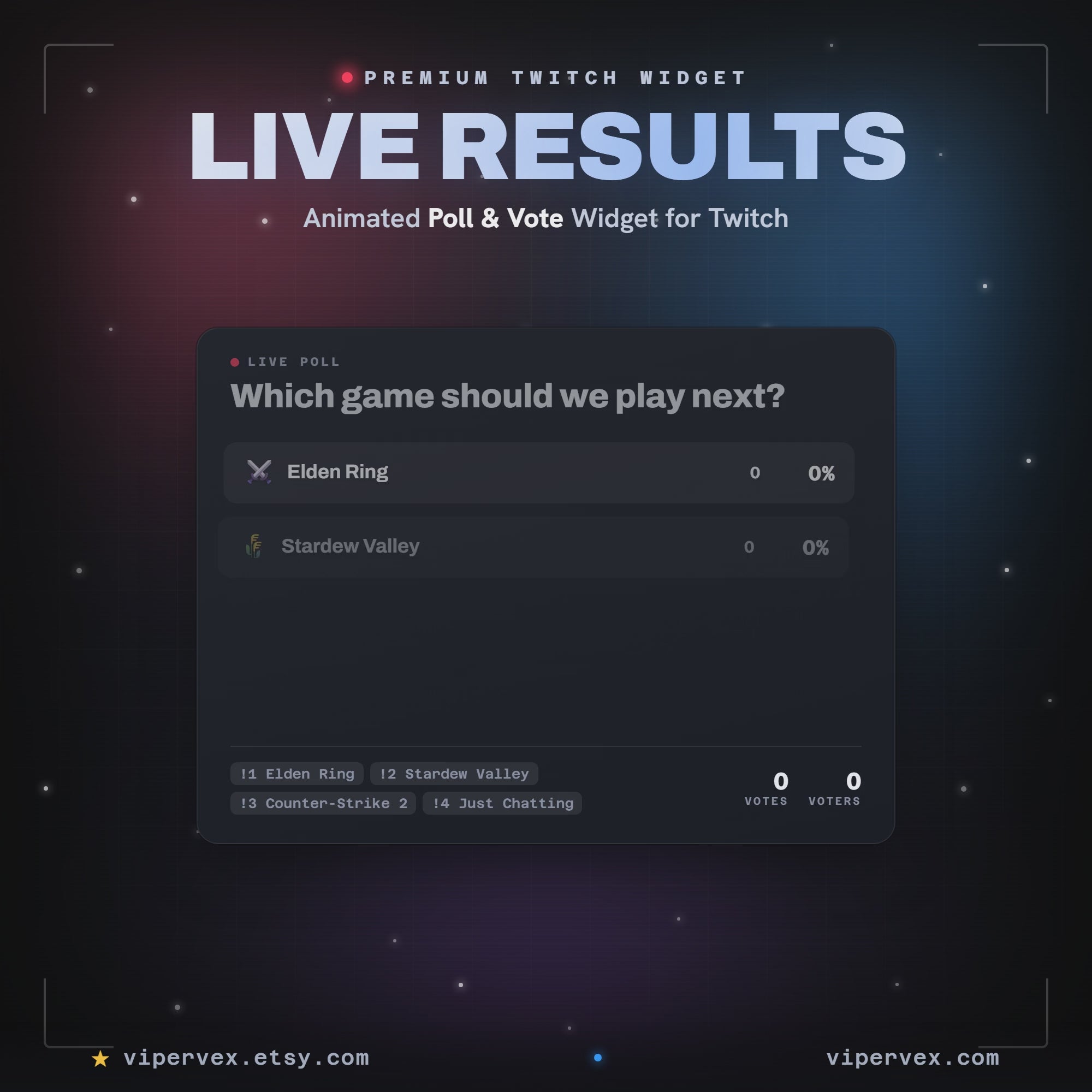 Live Results Poll widget demo: chat votes with !1 !2 !3 and the bars race to a crowned winner