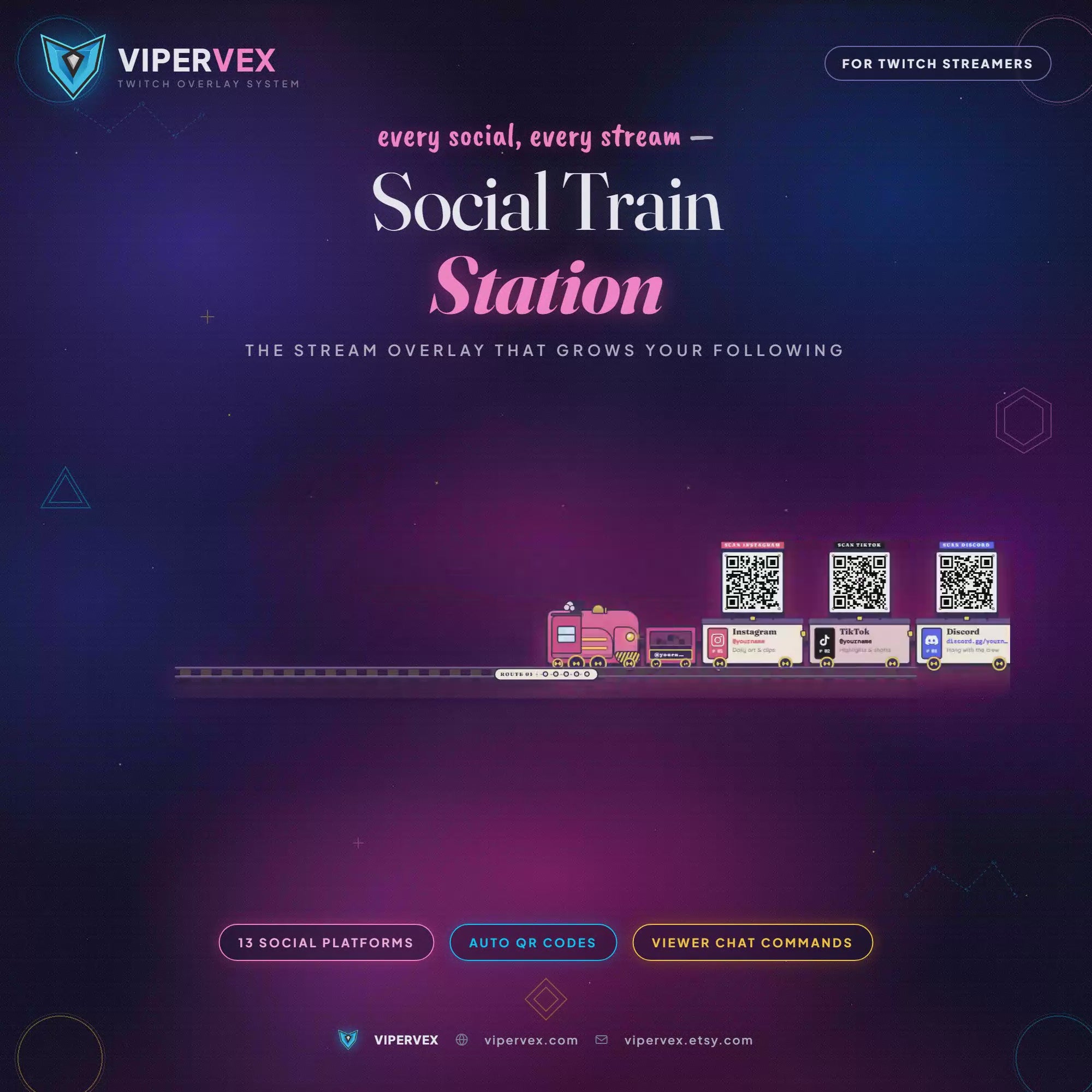 Social Train Station demo: the train pulls in, each wagon shows a social with a QR code, then it departs