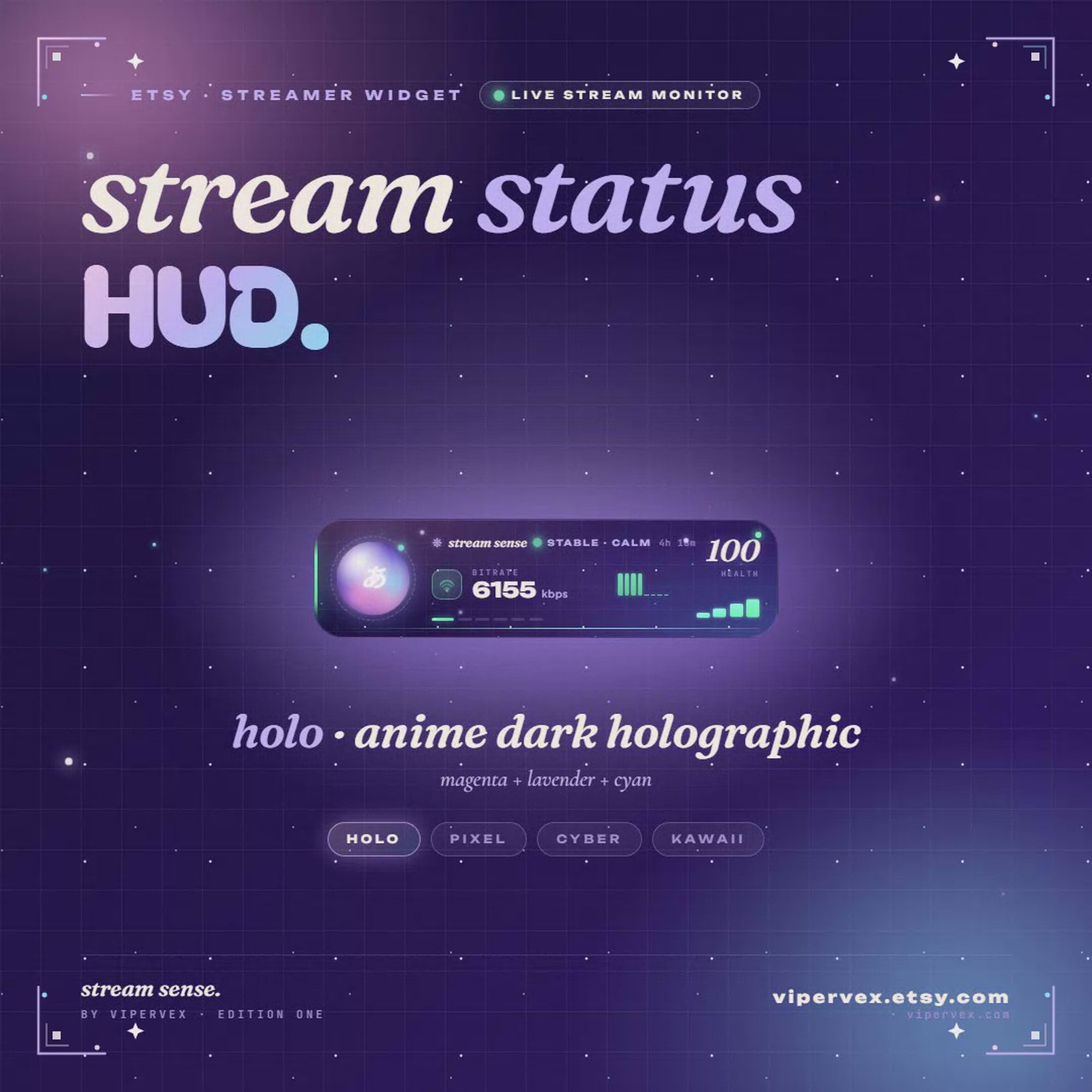 Stream Status HUD demo: the panel updates its bitrate and FPS readouts and shifts from healthy to warning