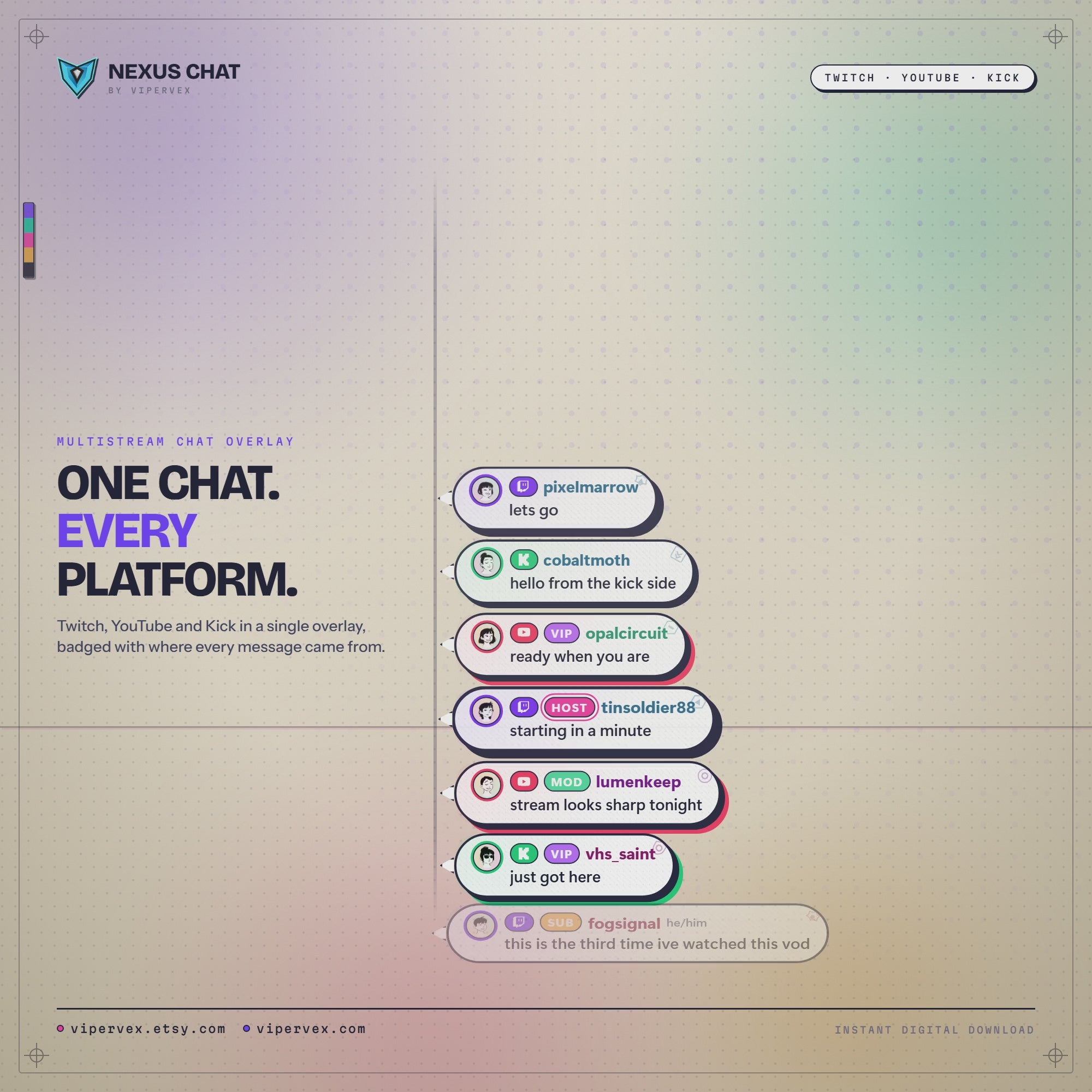 NEXUS CHAT demo: Twitch, YouTube and Kick messages arrive in one overlay with avatars, role chips and event cards