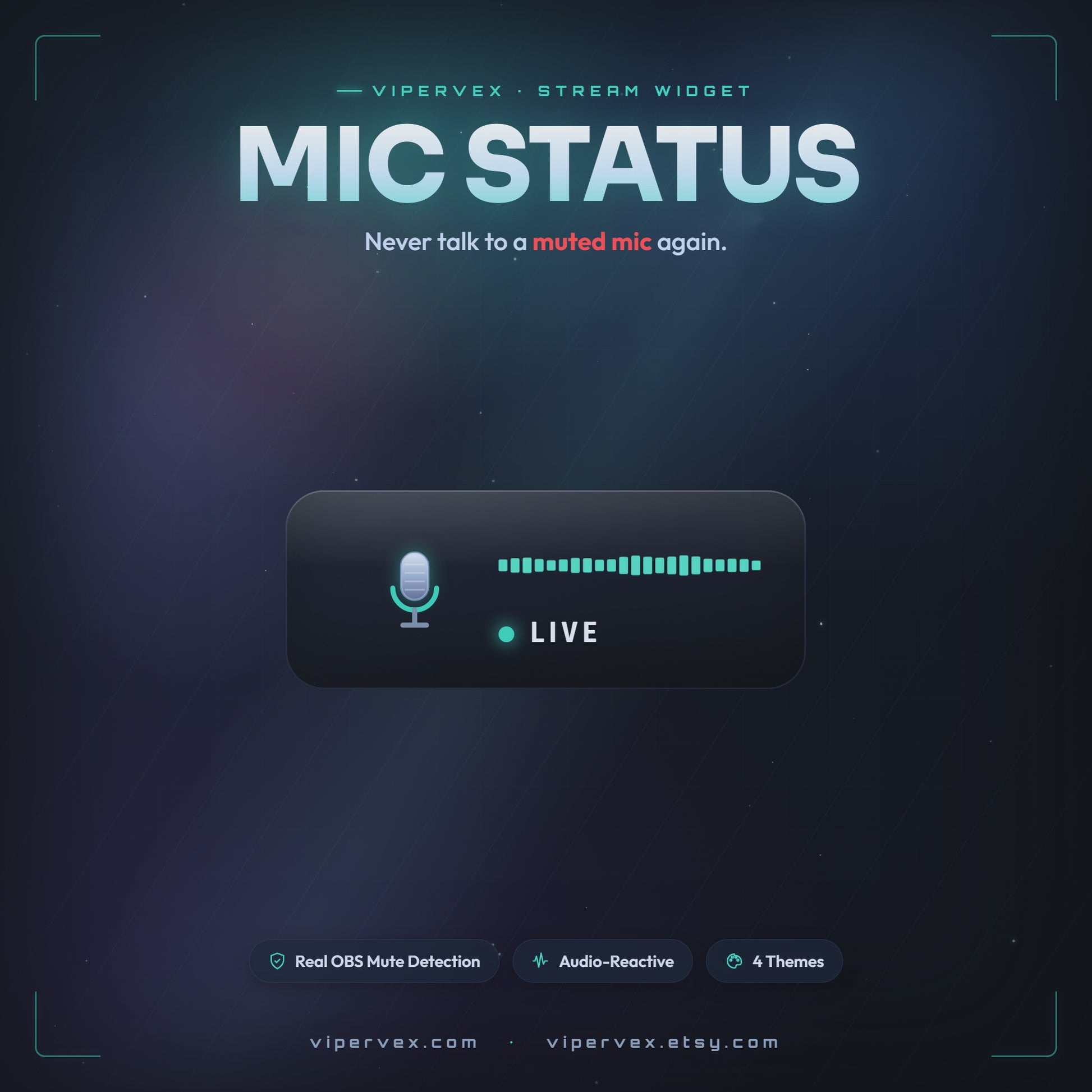 Mic Status demo: the LIVE badge flips to a MIC MUTED alert the moment the mic is muted