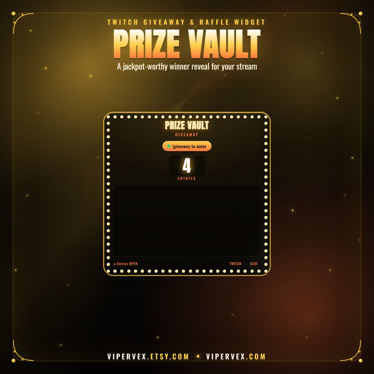 PRIZE VAULT demo: entries tick up from chat, the draw animation builds, and the winner card lands