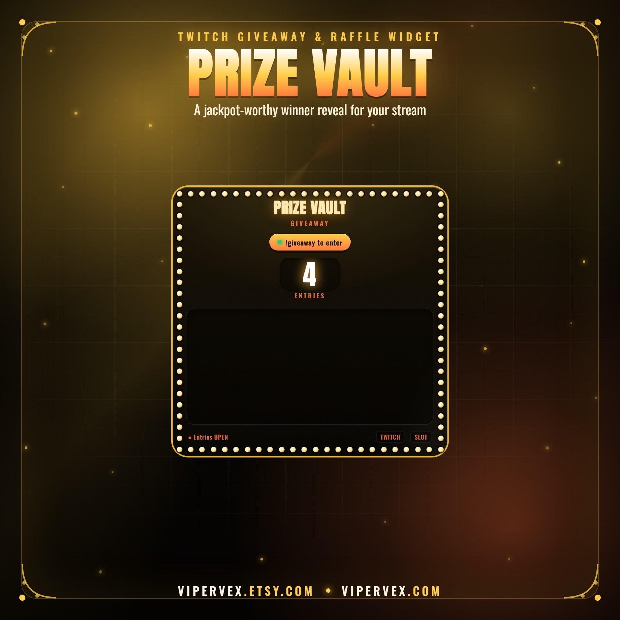 PRIZE VAULT demo: entries tick up from chat, the draw animation builds, and the winner card lands