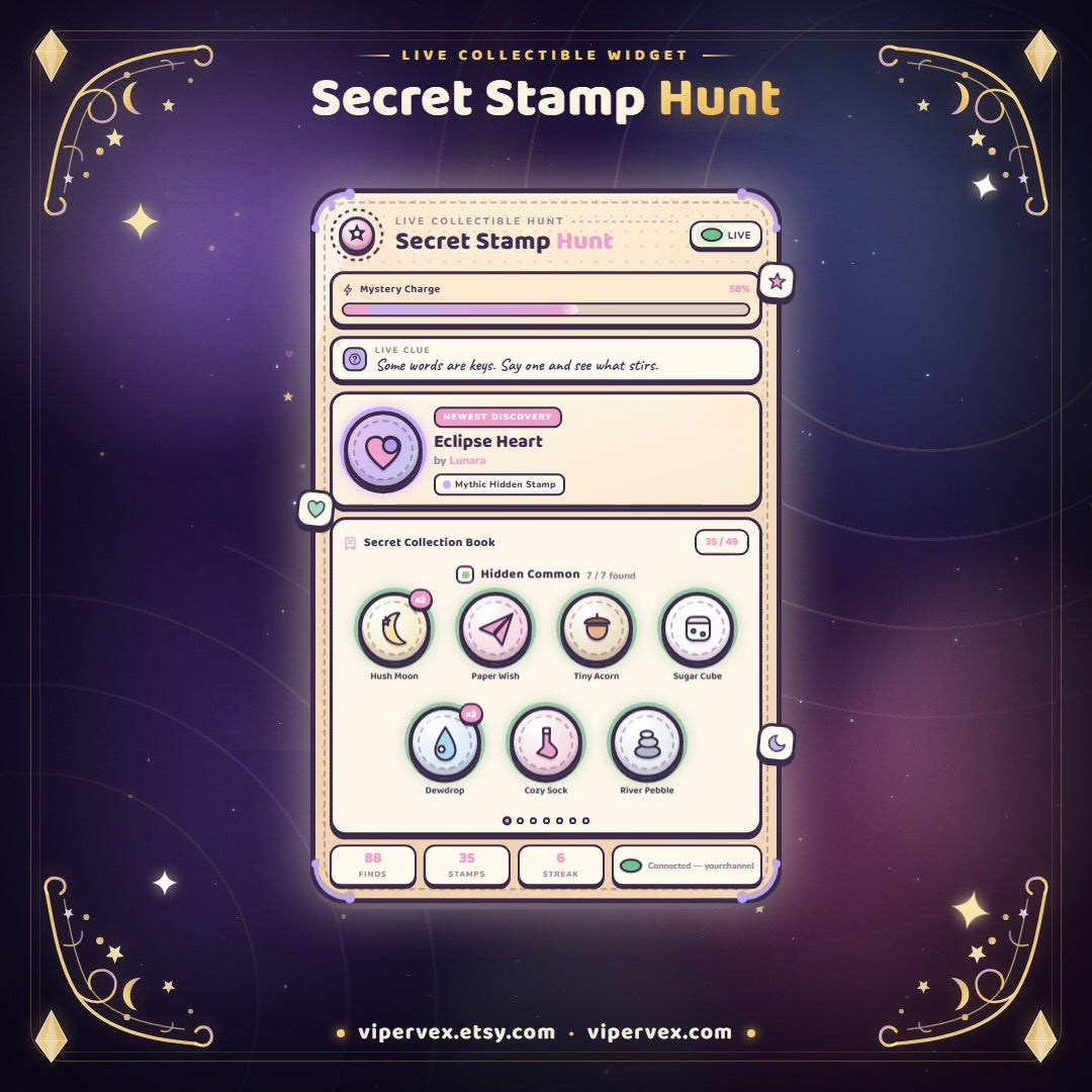 Secret Stamp Hunt demo: the Mystery Charge fills, a hidden stamp is discovered and revealed with holographic shimmer